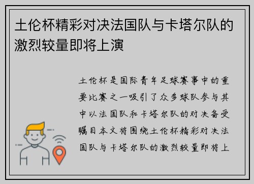 土伦杯精彩对决法国队与卡塔尔队的激烈较量即将上演